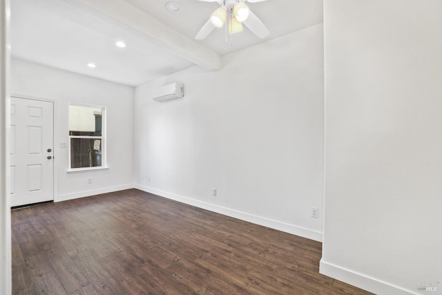 unfurnished room with beam ceiling, a wall mounted AC, dark wood-type flooring, ceiling fan, and baseboards