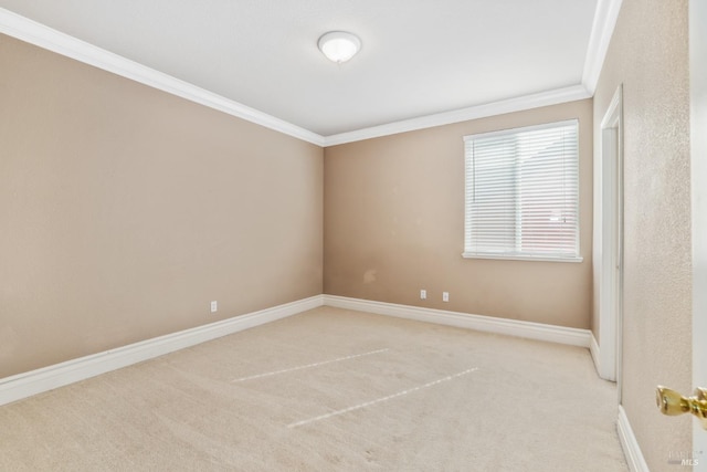 spare room featuring baseboards, ornamental molding, and carpet flooring