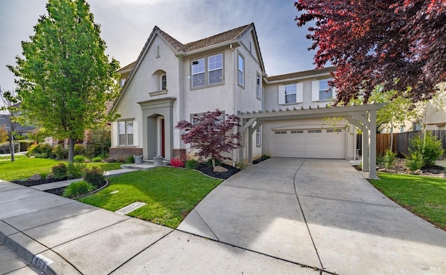 view of front facade featuring stucco siding, concrete driveway, fence, a garage, and a front lawn