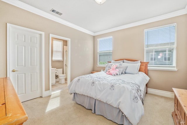 bedroom featuring light carpet, baseboards, visible vents, and crown molding