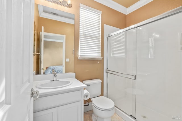 full bathroom with toilet, a stall shower, ornamental molding, and ensuite bathroom