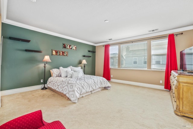 bedroom featuring carpet, visible vents, ornamental molding, and baseboards