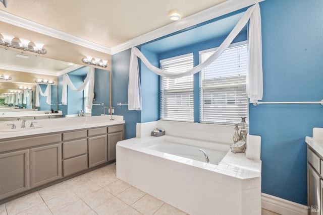 bathroom with double vanity, a bath, ornamental molding, tile patterned flooring, and a sink