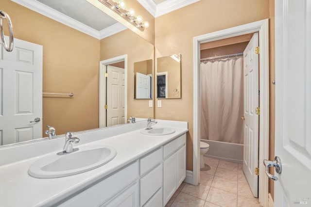 full bathroom featuring tile patterned flooring, a sink, toilet, and crown molding