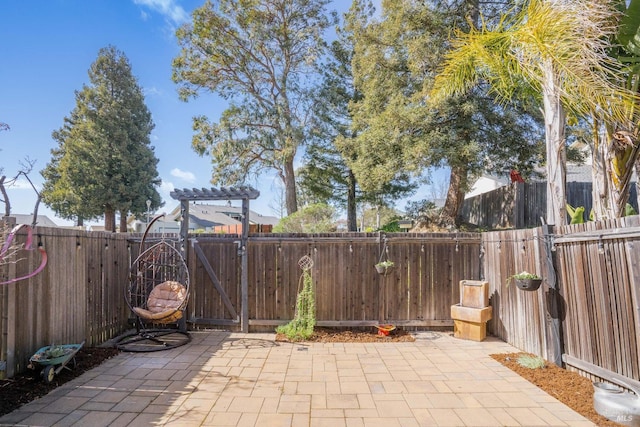 view of patio with a fenced backyard and a gate