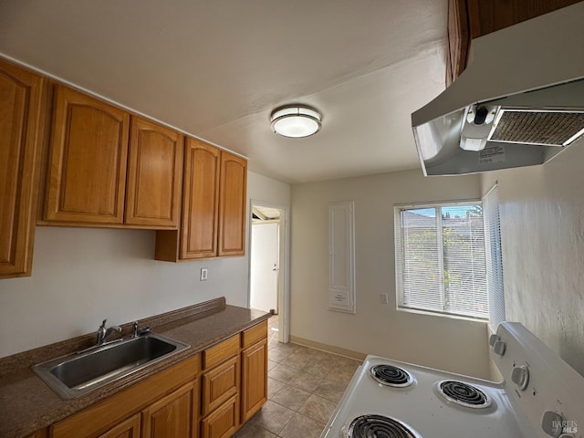 kitchen with electric stove, dark countertops, a sink, and brown cabinets