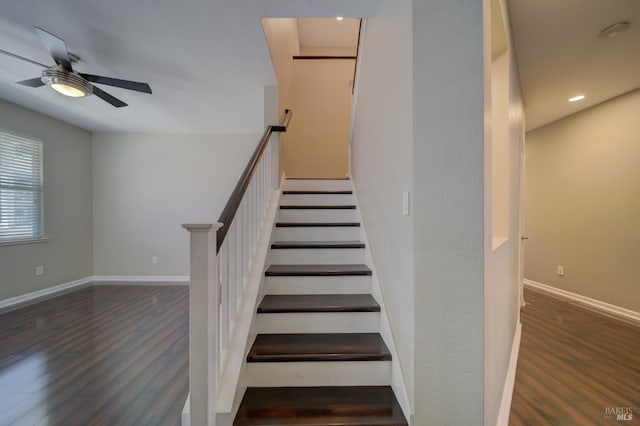 stairs featuring recessed lighting, ceiling fan, baseboards, and wood finished floors