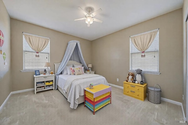 bedroom featuring carpet, ceiling fan, and baseboards