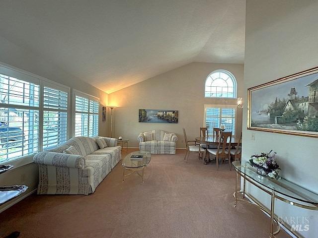 living area with lofted ceiling and carpet flooring