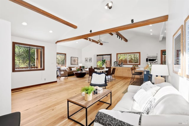 66 Alta Ave, Lagunitas, CA 94938 - living area featuring recessed lighting, a ceiling fan, beamed ceiling, light wood-style flooring, and high vaulted ceiling