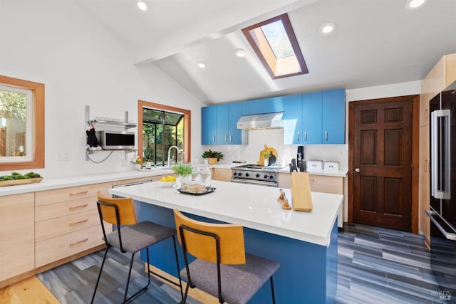 66 Alta Ave, Lagunitas, CA 94938 - kitchen with exhaust hood, vaulted ceiling with skylight, high end appliances, a breakfast bar, and light countertops