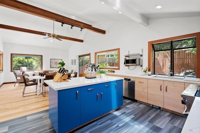 66 Alta Ave, Lagunitas, CA 94938 - kitchen featuring blue cabinets, vaulted ceiling with beams, a ceiling fan, light countertops, and appliances with stainless steel finishes