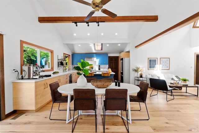 66 Alta Ave, Lagunitas, CA 94938 - dining area with recessed lighting, light wood-style floors, beamed ceiling, ceiling fan, and high vaulted ceiling