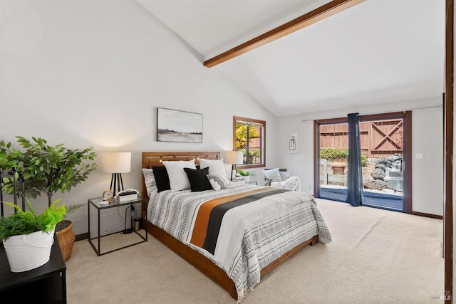 66 Alta Ave, Lagunitas, CA 94938 - carpeted bedroom with baseboards, beam ceiling, high vaulted ceiling, and access to outside