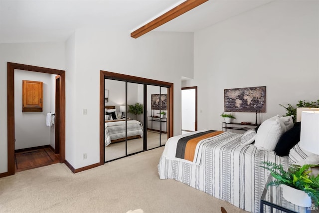 66 Alta Ave, Lagunitas, CA 94938 - bedroom with access to exterior, light carpet, beam ceiling, baseboards, and high vaulted ceiling