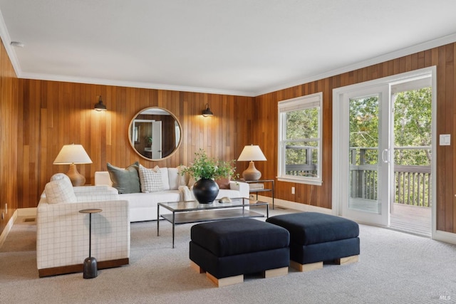 carpeted living area with crown molding and wood walls