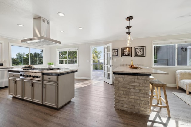 kitchen with dark wood finished floors, appliances with stainless steel finishes, ornamental molding, a kitchen island, and wall chimney exhaust hood