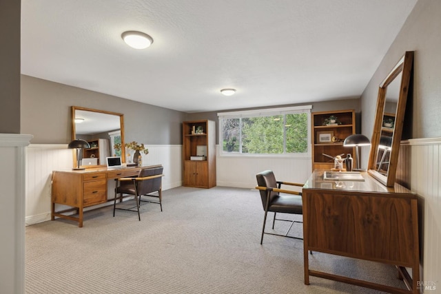 carpeted office featuring wainscoting and a sink