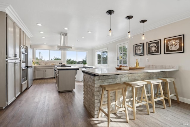 kitchen with ornamental molding, a breakfast bar area, a peninsula, and island range hood