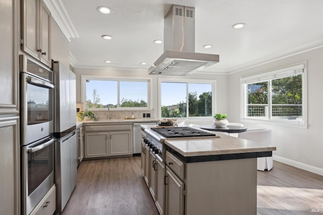 kitchen with a kitchen island, island exhaust hood, ornamental molding, and stainless steel appliances