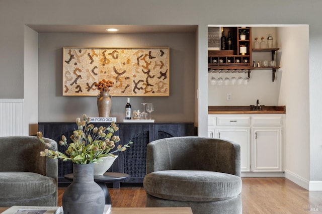 bar with a sink, baseboards, wood finished floors, and wet bar