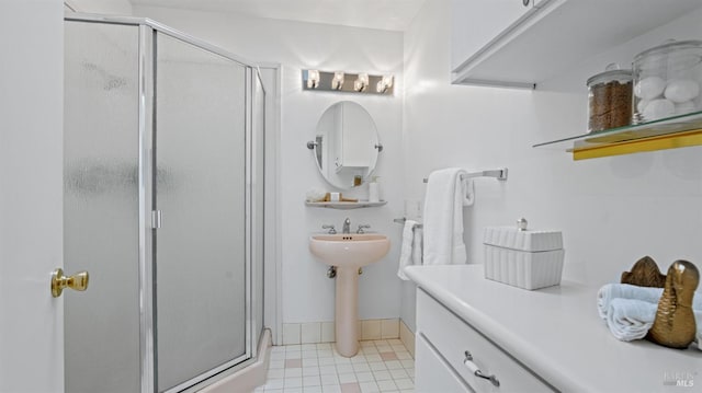 full bath featuring a shower stall and tile patterned flooring