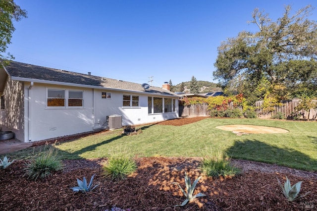 back of house with crawl space, fence, cooling unit, a yard, and stucco siding