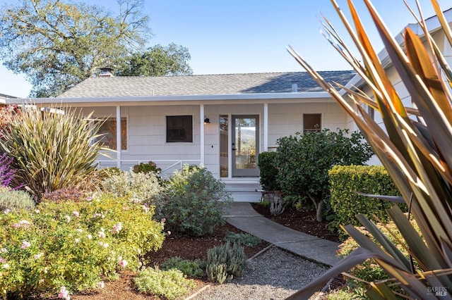 ranch-style house featuring roof with shingles