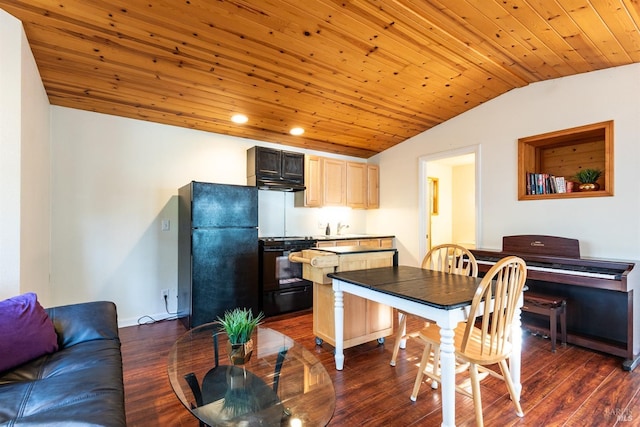 interior space with dark wood-style floors, lofted ceiling, wood ceiling, under cabinet range hood, and black appliances