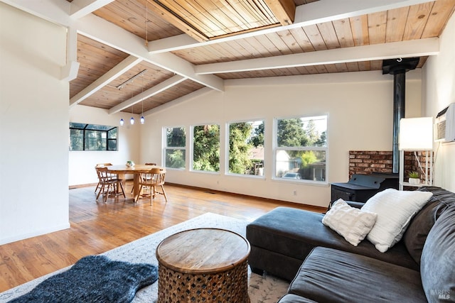 living room featuring lofted ceiling with beams, light wood-style flooring, wood ceiling, baseboards, and a wood stove