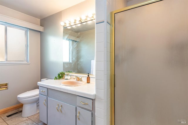 full bath featuring tile patterned flooring, toilet, vanity, visible vents, and a stall shower