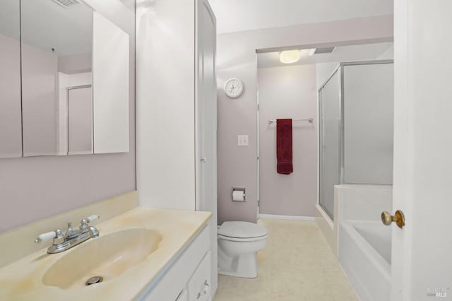 full bathroom with toilet, a stall shower, a bathtub, and vanity