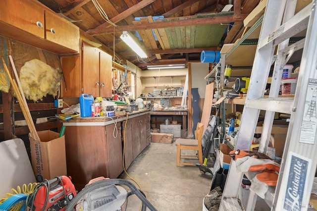 misc room featuring unfinished concrete flooring and a workshop area