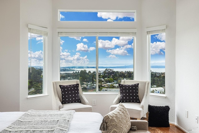 bedroom with a textured wall, multiple windows, a water view, and wood finished floors