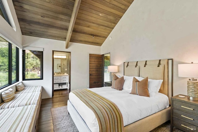 bedroom featuring ensuite bathroom, high vaulted ceiling, hardwood / wood-style flooring, wood ceiling, and beam ceiling