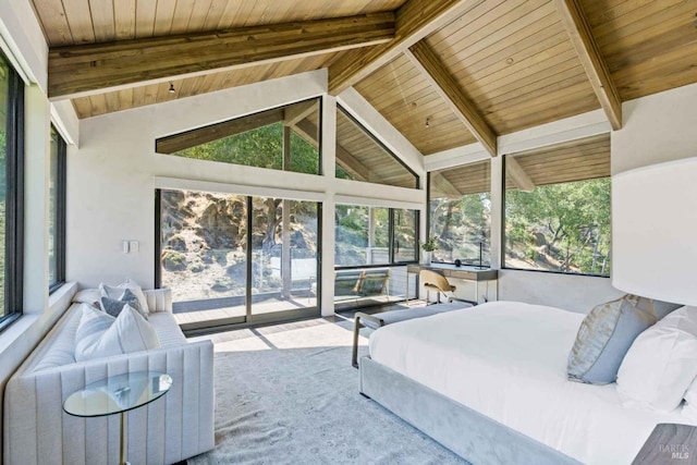 bedroom featuring lofted ceiling with beams, access to outside, and wood ceiling