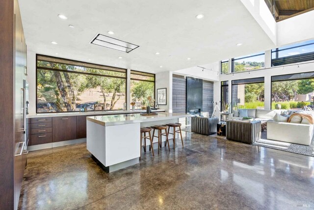 kitchen featuring a breakfast bar, a kitchen island, open floor plan, light countertops, and modern cabinets