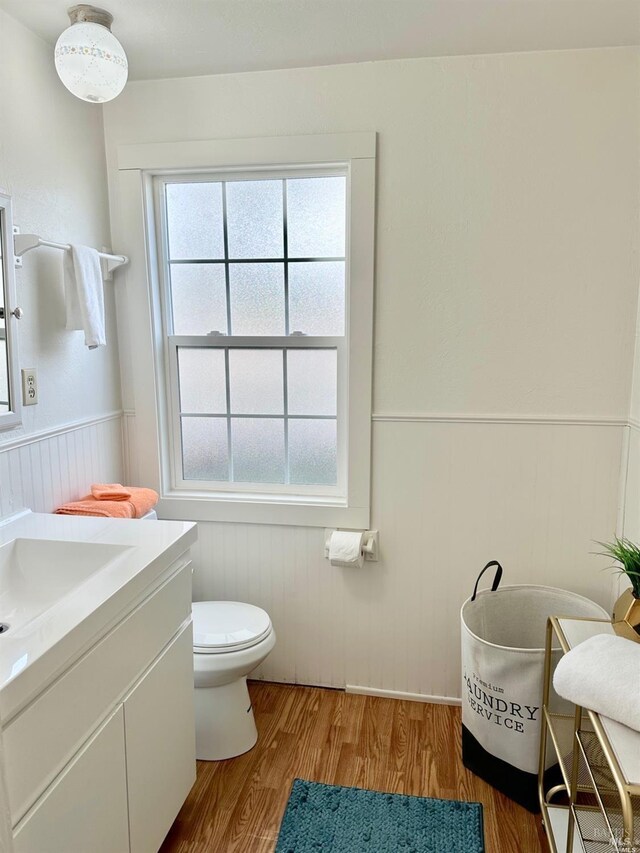 bathroom featuring toilet, a wainscoted wall, wood finished floors, and vanity