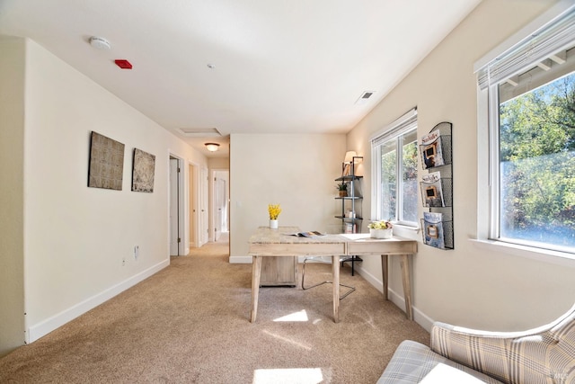 carpeted office space with attic access, visible vents, and baseboards