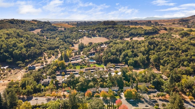 birds eye view of property featuring a mountain view and a wooded view