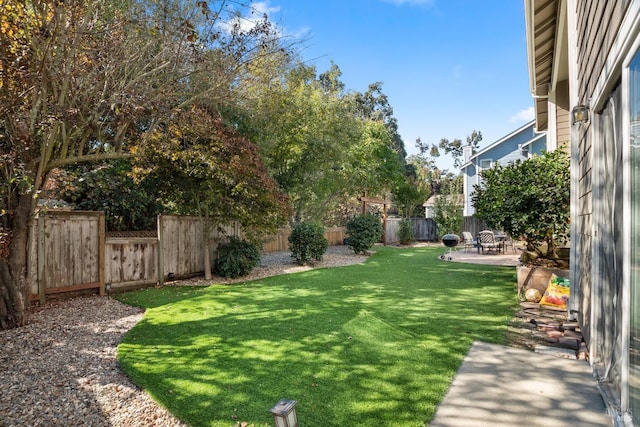 view of yard with a fenced backyard and a patio