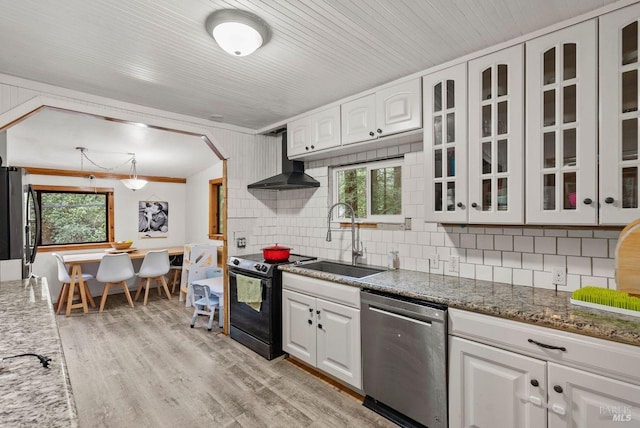 kitchen with appliances with stainless steel finishes, a sink, and white cabinetry