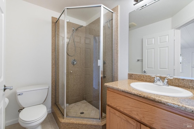 bathroom featuring vanity, a shower stall, toilet, and tile patterned floors