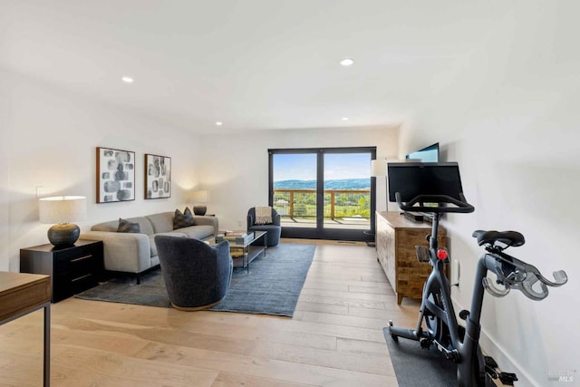 interior space featuring light wood-type flooring and recessed lighting