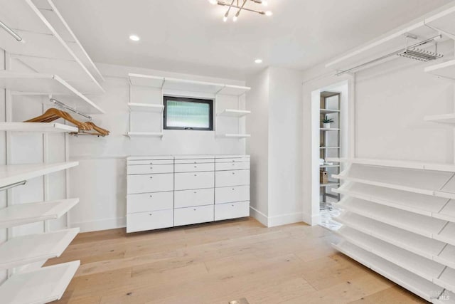 walk in closet with light wood-type flooring