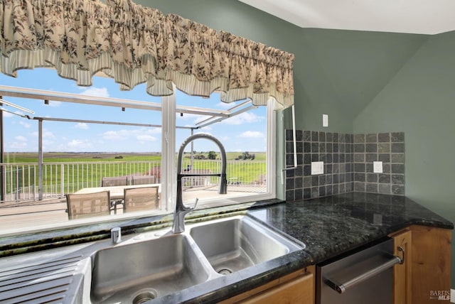 kitchen with stainless steel dishwasher, backsplash, a sink, and a wealth of natural light