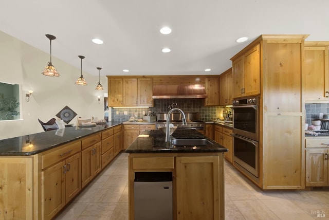 kitchen featuring custom range hood, backsplash, double oven, dark stone countertops, and a peninsula