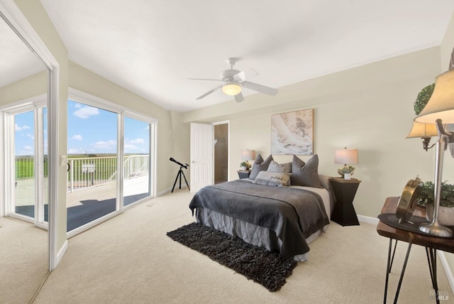 carpeted bedroom with ceiling fan, access to outside, and baseboards