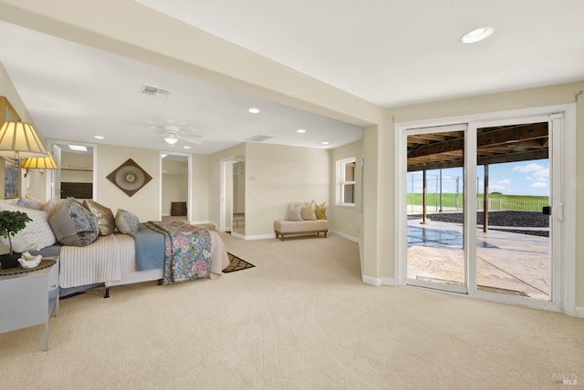 bedroom with access to exterior, recessed lighting, carpet floors, and baseboards