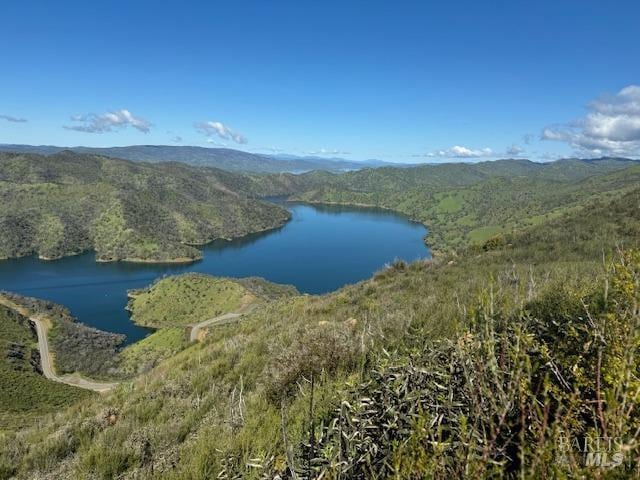 view of water feature featuring a mountain view and a forest view